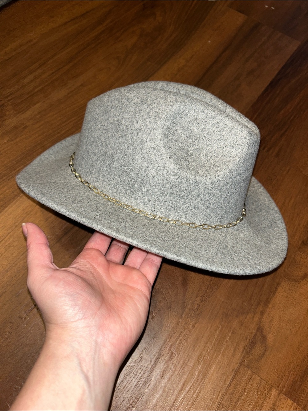 Anthropologie Gray Felt Fedora Hat Silver Link Chain Boho Prairie Bohemian